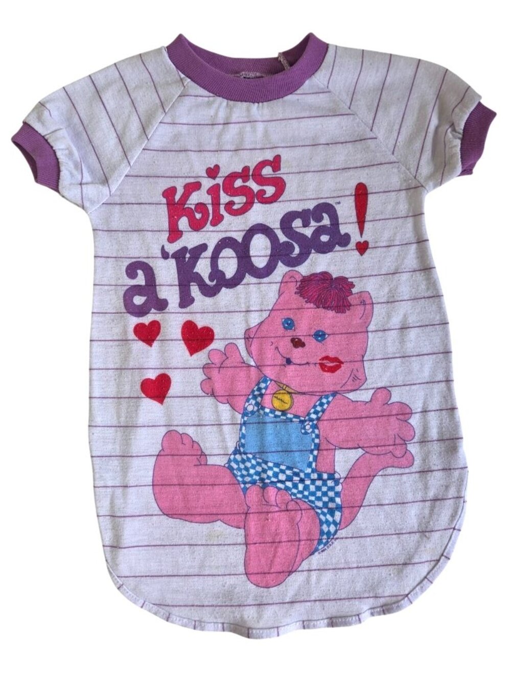 Vtg 1980s "Kiss A Koosa" Pink Graphic Nightgown Shirt Striped Raglan Sleeves